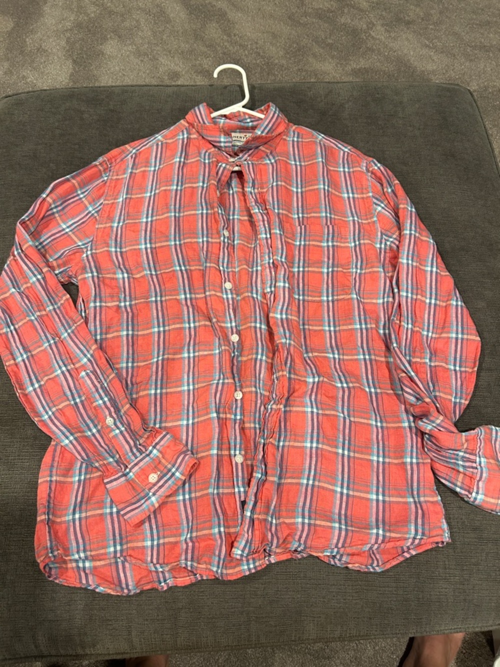 Faherty Men's Size Medium Plaid Button Up Shirt Pink blue Long Sleeve linen